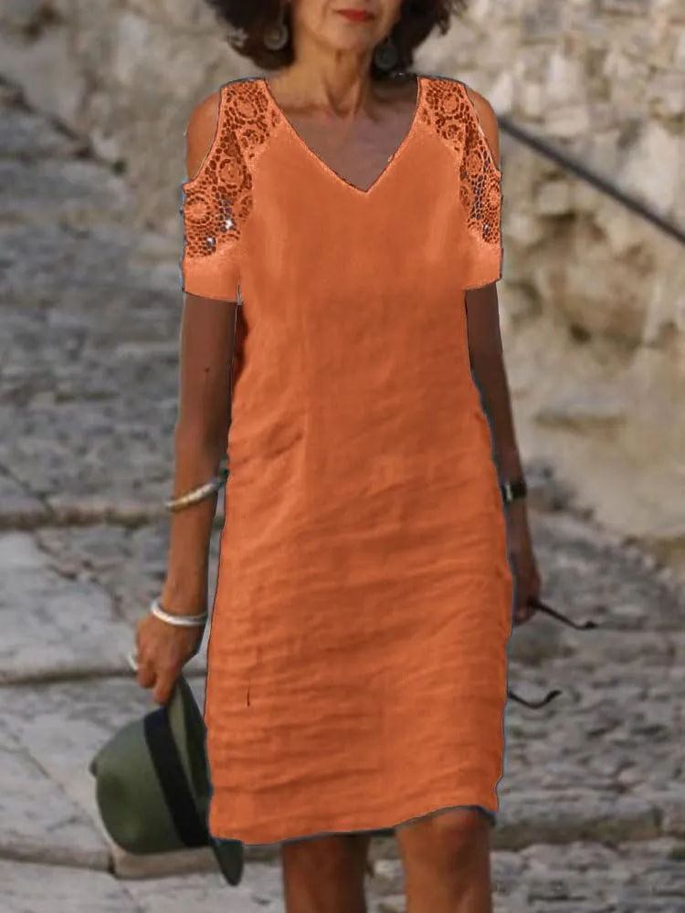 Akivide Women Summer Cotton Linen Cold Shoulder Midi Dress Casual Short Sleeve V Neck Flowy Beach Vacation Knee Length Dress