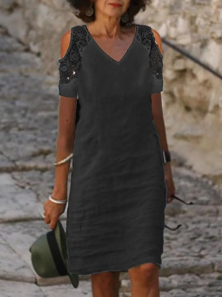 Akivide Women Summer Cotton Linen Cold Shoulder Midi Dress Casual Short Sleeve V Neck Flowy Beach Vacation Knee Length Dress