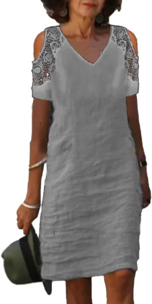 Akivide Women Summer Cotton Linen Cold Shoulder Midi Dress Casual Short Sleeve V Neck Flowy Beach Vacation Knee Length Dress