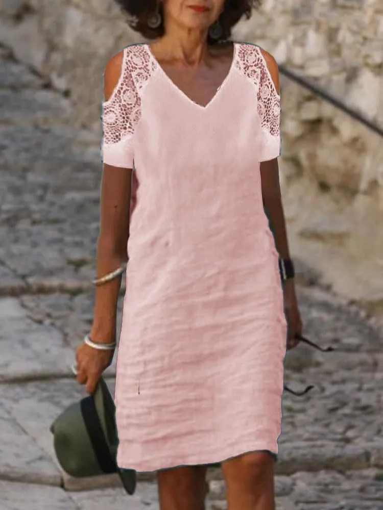 Akivide Women Summer Cotton Linen Cold Shoulder Midi Dress Casual Short Sleeve V Neck Flowy Beach Vacation Knee Length Dress