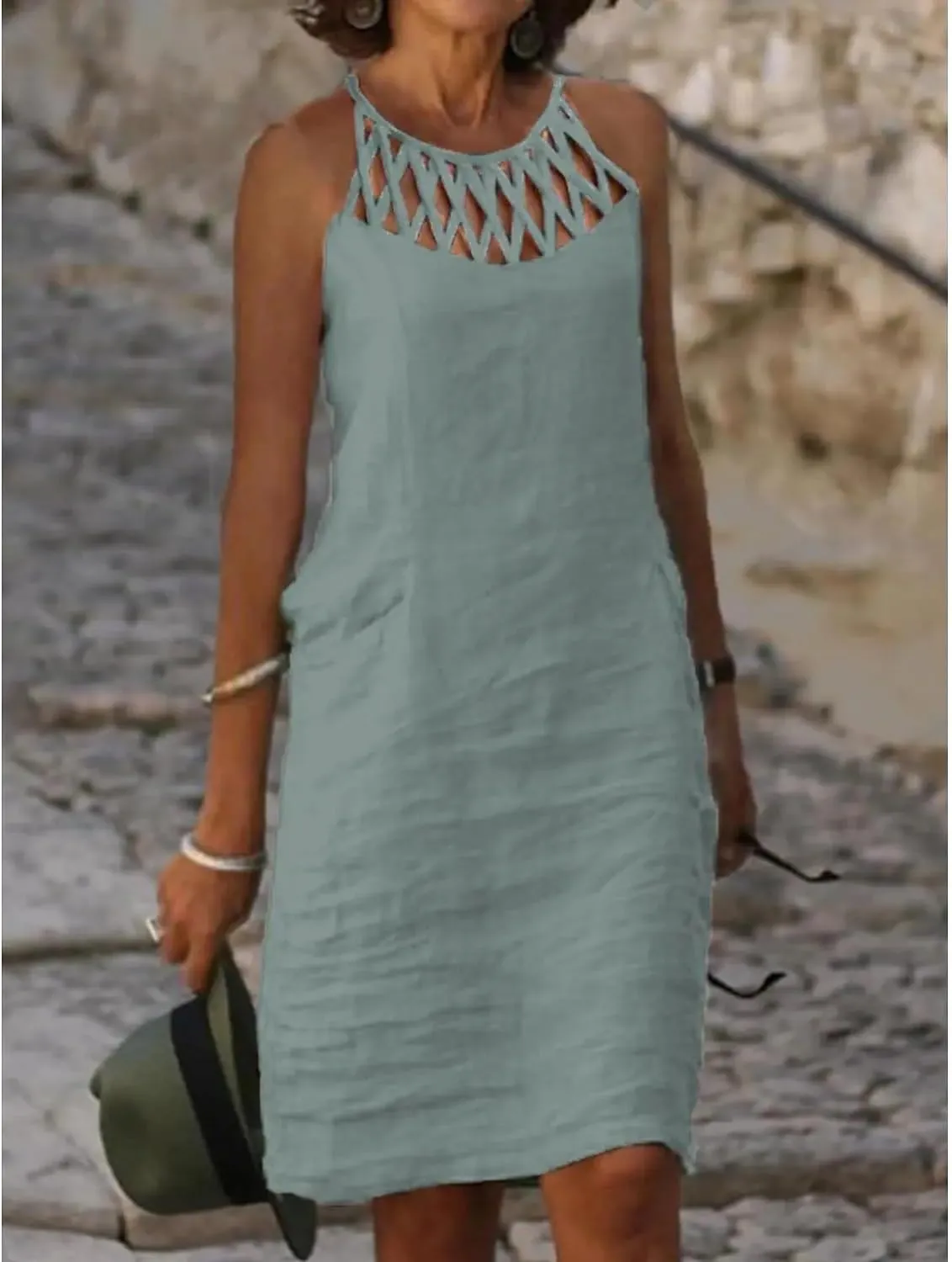 Akivide Women Summer Linen Sleeveless Sun Dress Spaghetti Strap Hollow Casual Loose Flowy Beach Shift Tunic Dress 2025