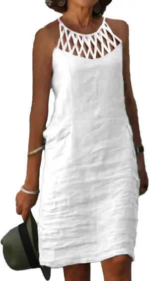 Akivide Women Summer Linen Sleeveless Sun Dress Spaghetti Strap Hollow Casual Loose Flowy Beach Shift Tunic Dress 2025