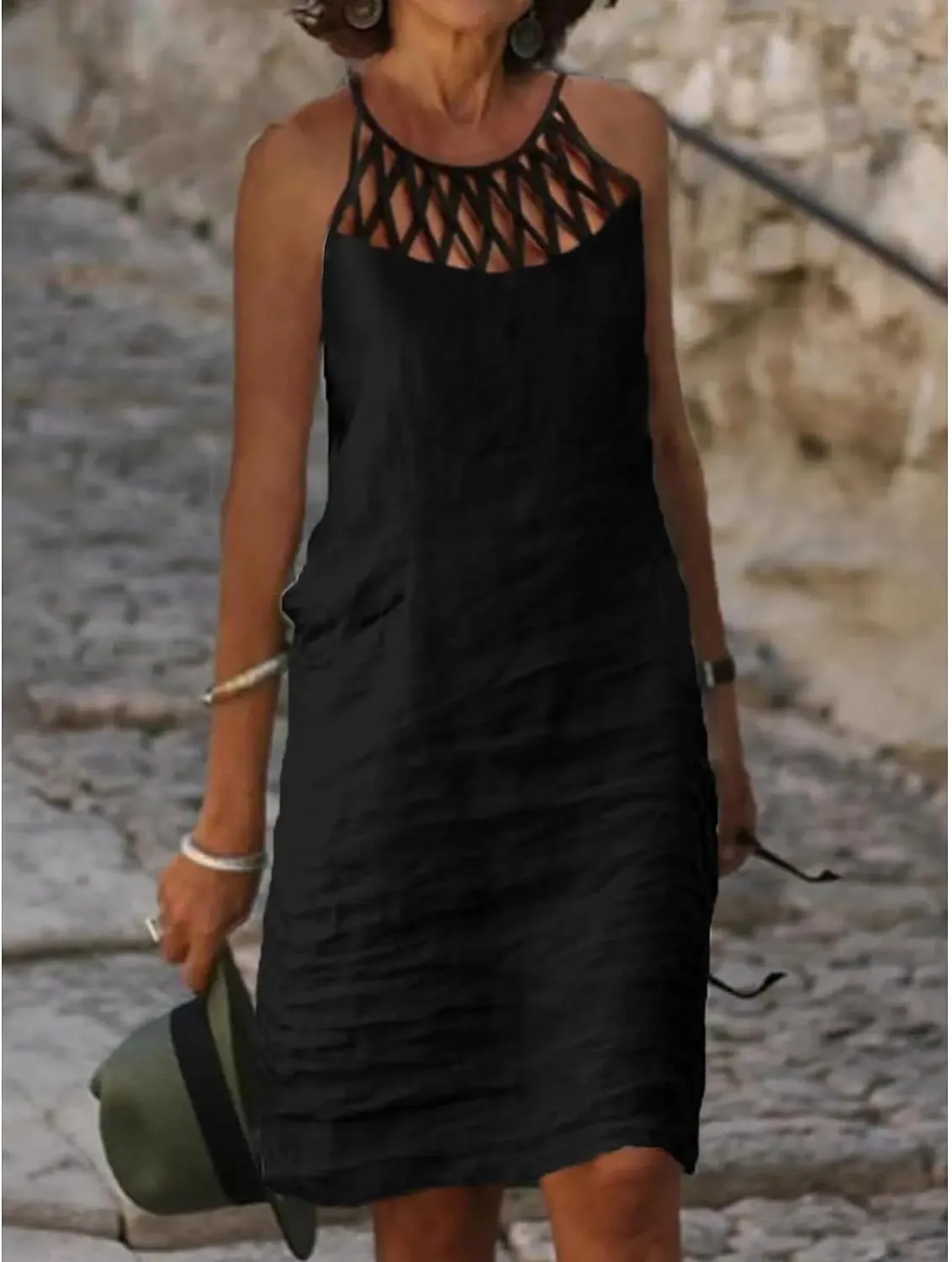 Akivide Women Summer Linen Sleeveless Sun Dress Spaghetti Strap Hollow Casual Loose Flowy Beach Shift Tunic Dress 2025