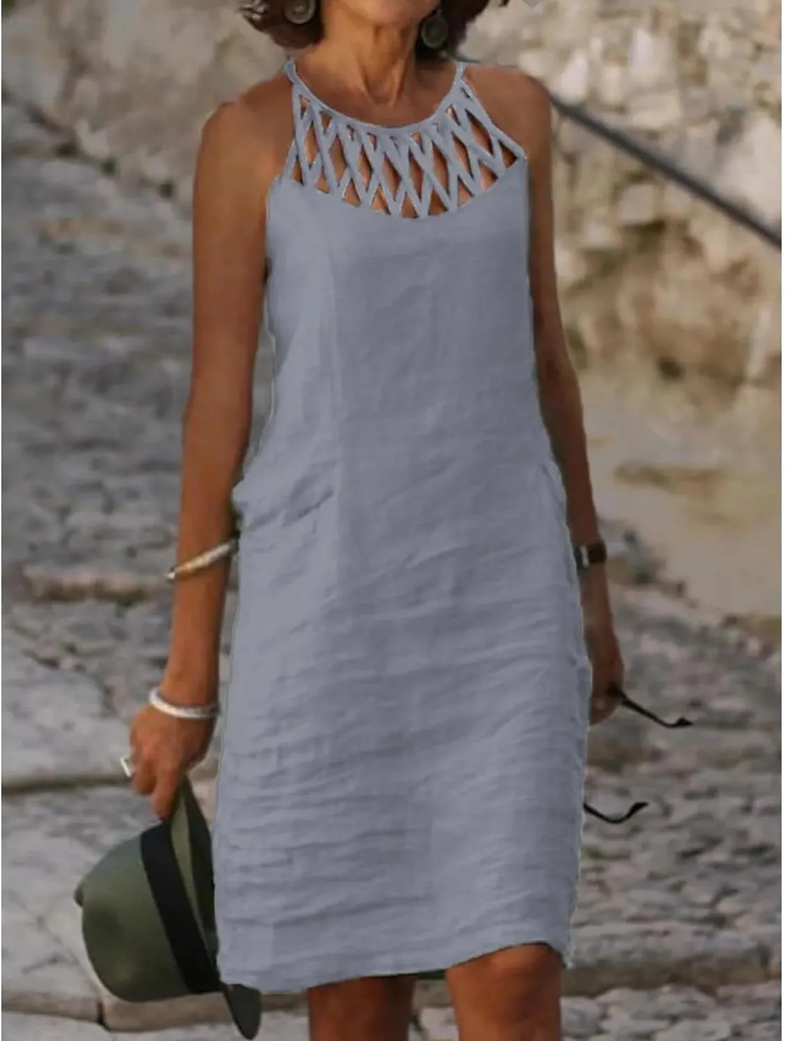 Akivide Women Summer Linen Sleeveless Sun Dress Spaghetti Strap Hollow Casual Loose Flowy Beach Shift Tunic Dress 2025