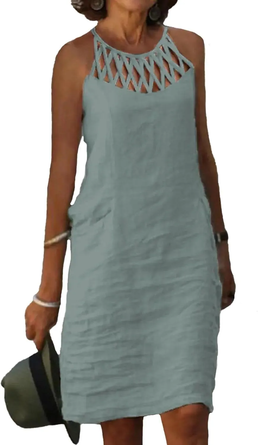 Akivide Women Summer Linen Sleeveless Sun Dress Spaghetti Strap Hollow Casual Loose Flowy Beach Shift Tunic Dress 2025
