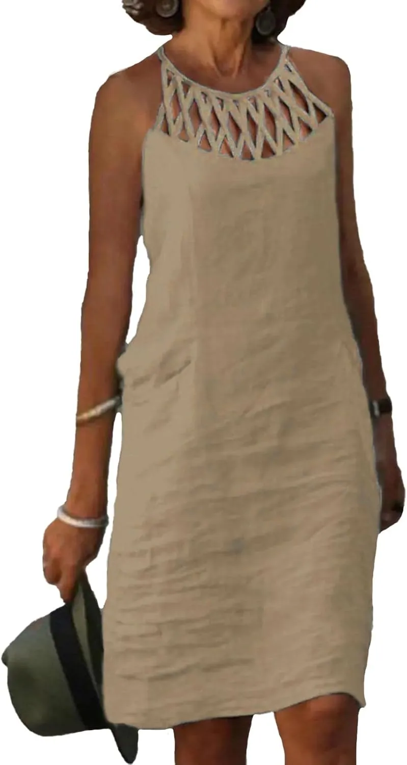 Akivide Women Summer Linen Sleeveless Sun Dress Spaghetti Strap Hollow Casual Loose Flowy Beach Shift Tunic Dress 2025