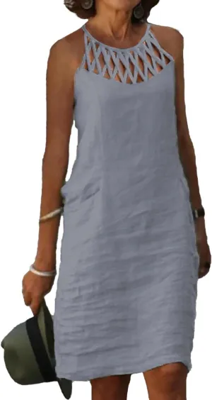 Akivide Women Summer Linen Sleeveless Sun Dress Spaghetti Strap Hollow Casual Loose Flowy Beach Shift Tunic Dress 2025