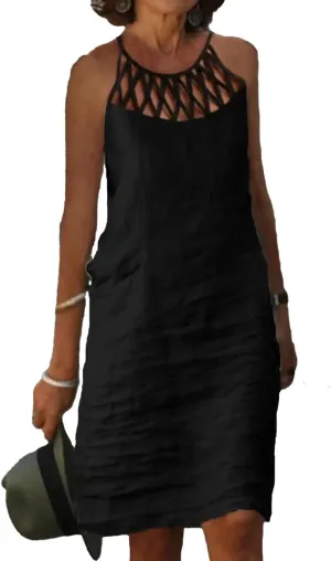 Akivide Women Summer Linen Sleeveless Sun Dress Spaghetti Strap Hollow Casual Loose Flowy Beach Shift Tunic Dress 2025