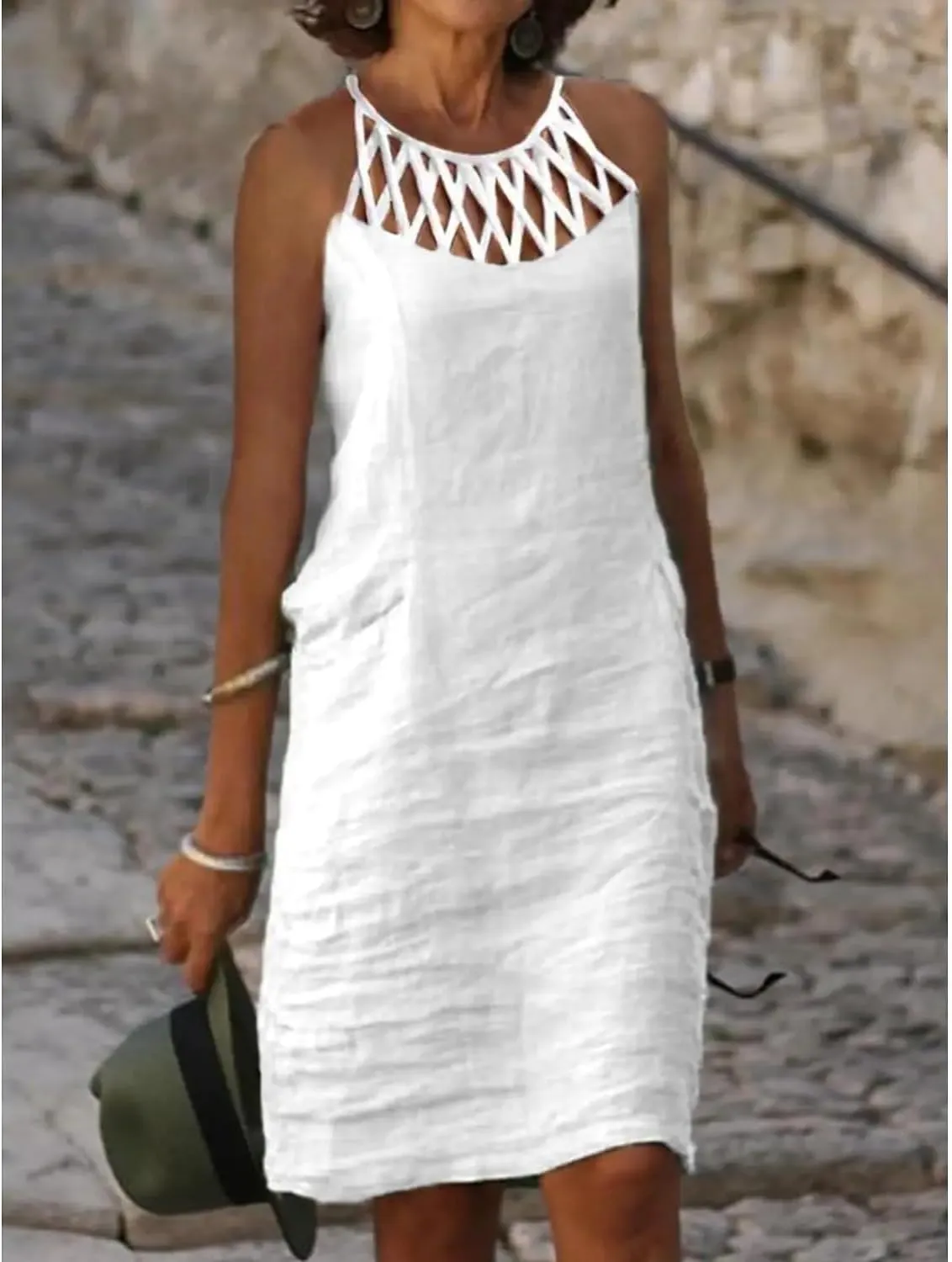 Akivide Women Summer Linen Sleeveless Sun Dress Spaghetti Strap Hollow Casual Loose Flowy Beach Shift Tunic Dress 2025
