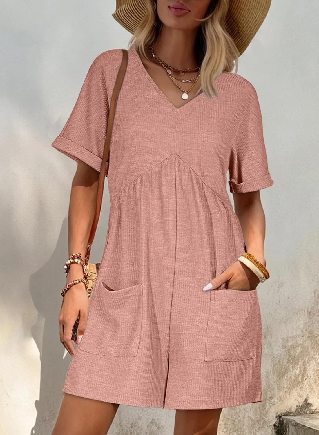 AlvaQ Womens Summer Short Sleeve V Neck High Waist Zipper Romper with Pockets