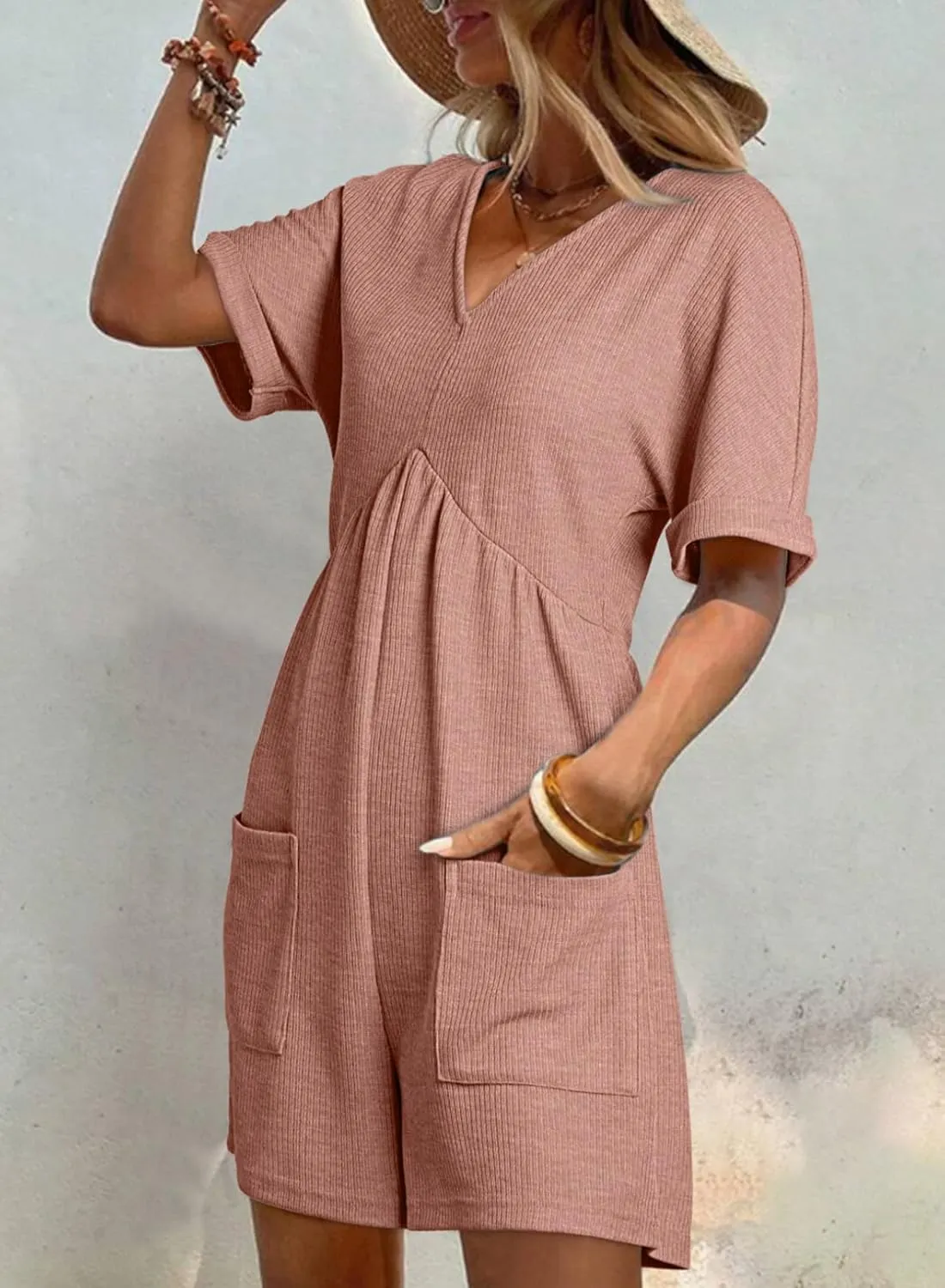 AlvaQ Womens Summer Short Sleeve V Neck High Waist Zipper Romper with Pockets