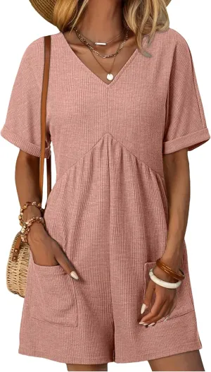 AlvaQ Womens Summer Short Sleeve V Neck High Waist Zipper Romper with Pockets