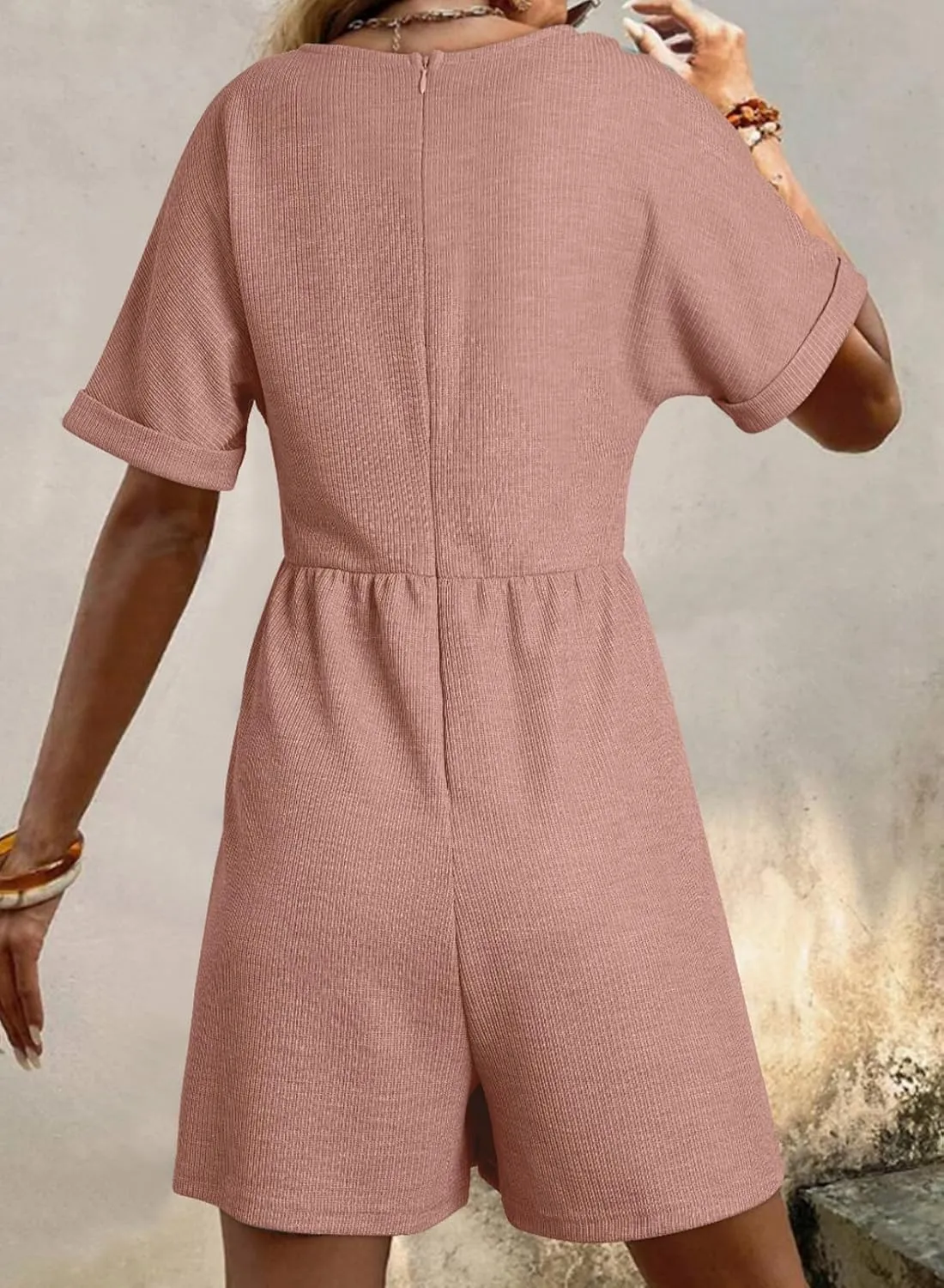 AlvaQ Womens Summer Short Sleeve V Neck High Waist Zipper Romper with Pockets