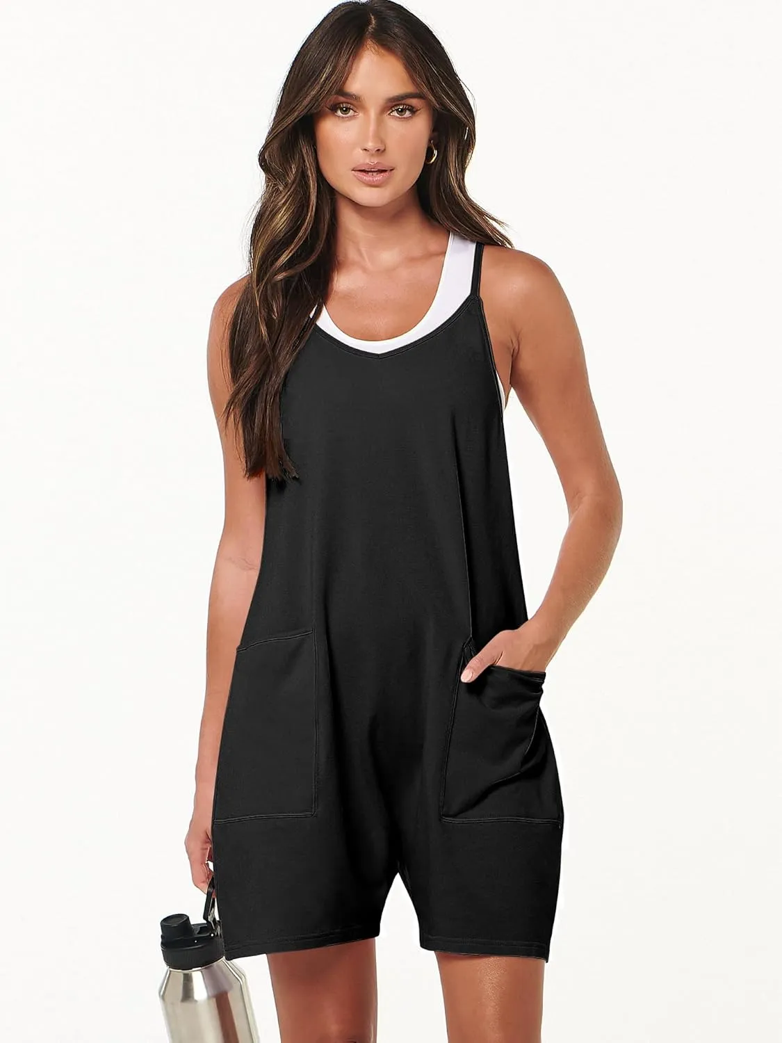 ANRABESS Womens Rompers Summer Casual Loose Sleeveless Overalls Spaghetti Strap Shorts Jumpsuit 2025 Beach Vacation Outfits