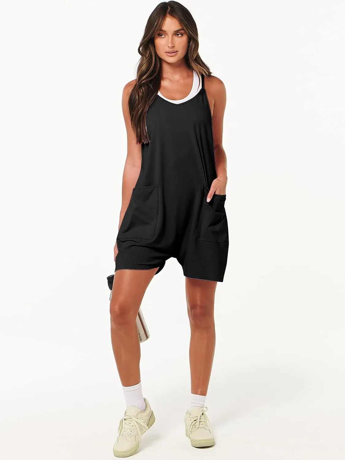 ANRABESS Womens Rompers Summer Casual Loose Sleeveless Overalls Spaghetti Strap Shorts Jumpsuit 2025 Beach Vacation Outfits