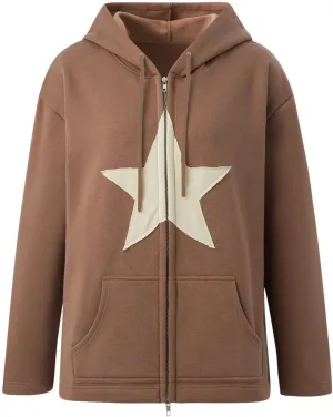 Aobiono Women Men Y2K Star Fleece Lined Jacket Zip Up Oversized Hoodie Thermal Emo Grunge Alt Graphic Baggy Hooded Sweatshirt