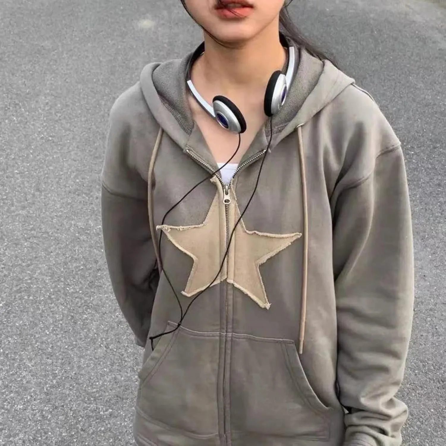 Aobiono Women Men Y2K Star Fleece Lined Jacket Zip Up Oversized Hoodie Thermal Emo Grunge Alt Graphic Baggy Hooded Sweatshirt