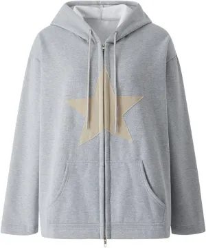 Aobiono Women Men Y2K Star Fleece Lined Jacket Zip Up Oversized Hoodie Thermal Emo Grunge Alt Graphic Baggy Hooded Sweatshirt