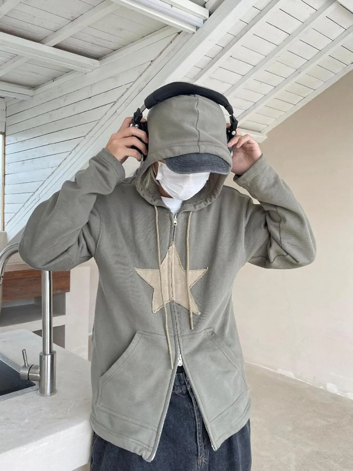 Aobiono Women Men Y2K Star Fleece Lined Jacket Zip Up Oversized Hoodie Thermal Emo Grunge Alt Graphic Baggy Hooded Sweatshirt
