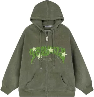 Aobiono Women Men Y2K Star Zip Up Jacket Oversized Hoodie Vintage Fleece Japanese Harajuku Emo Grunge Baggy Hooded Sweatshirt