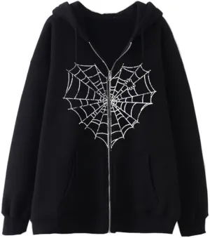 Aobiono Women Men Y2K Zip Up Hoodie Oversized Jacket Gothic Spider Web Graphic Emo Grunge Alt Big Baggy Vintage Streetwear