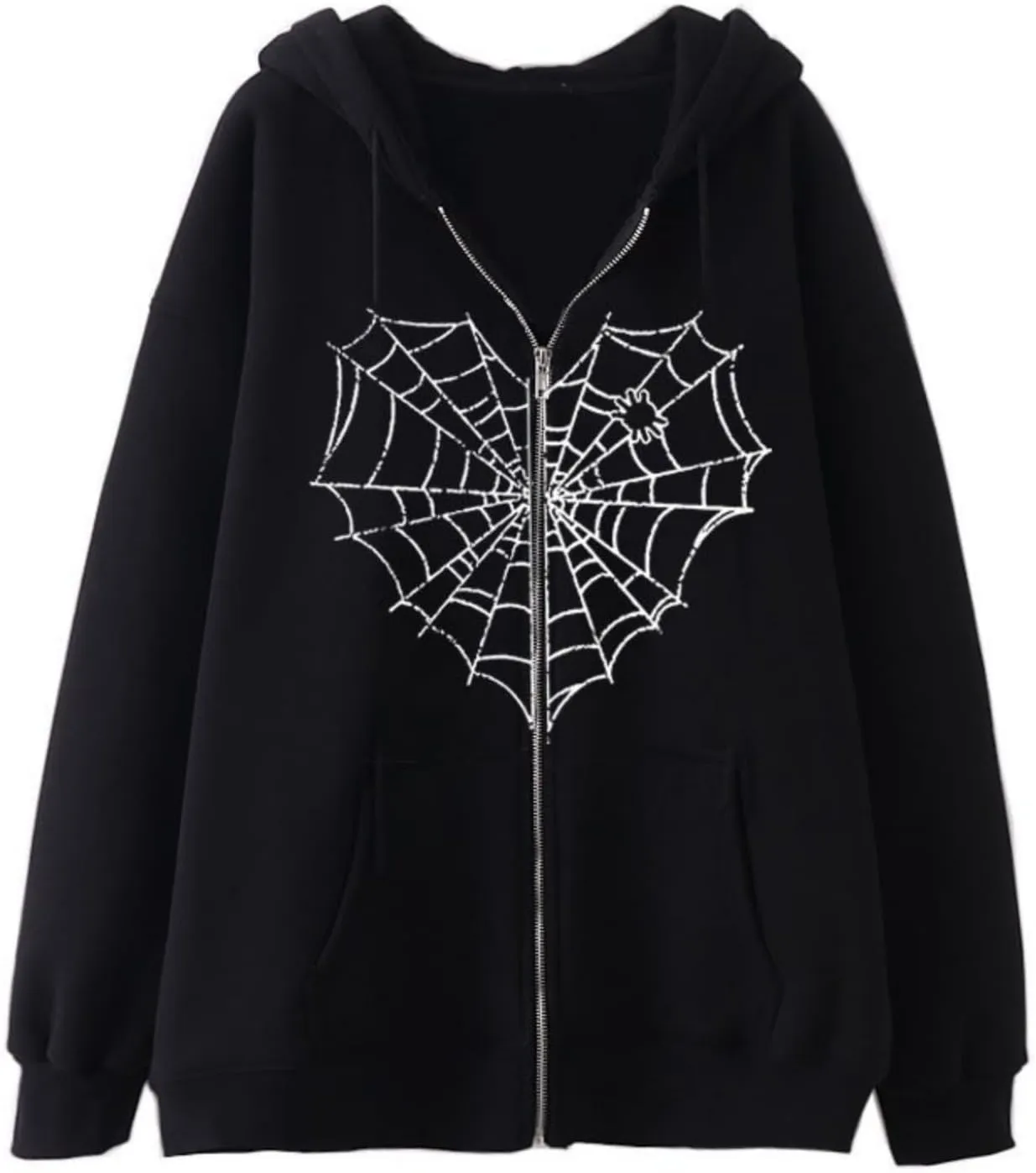 Aobiono Women Men Y2K Zip Up Hoodie Oversized Jacket Gothic Spider Web Graphic Emo Grunge Alt Big Baggy Vintage Streetwear