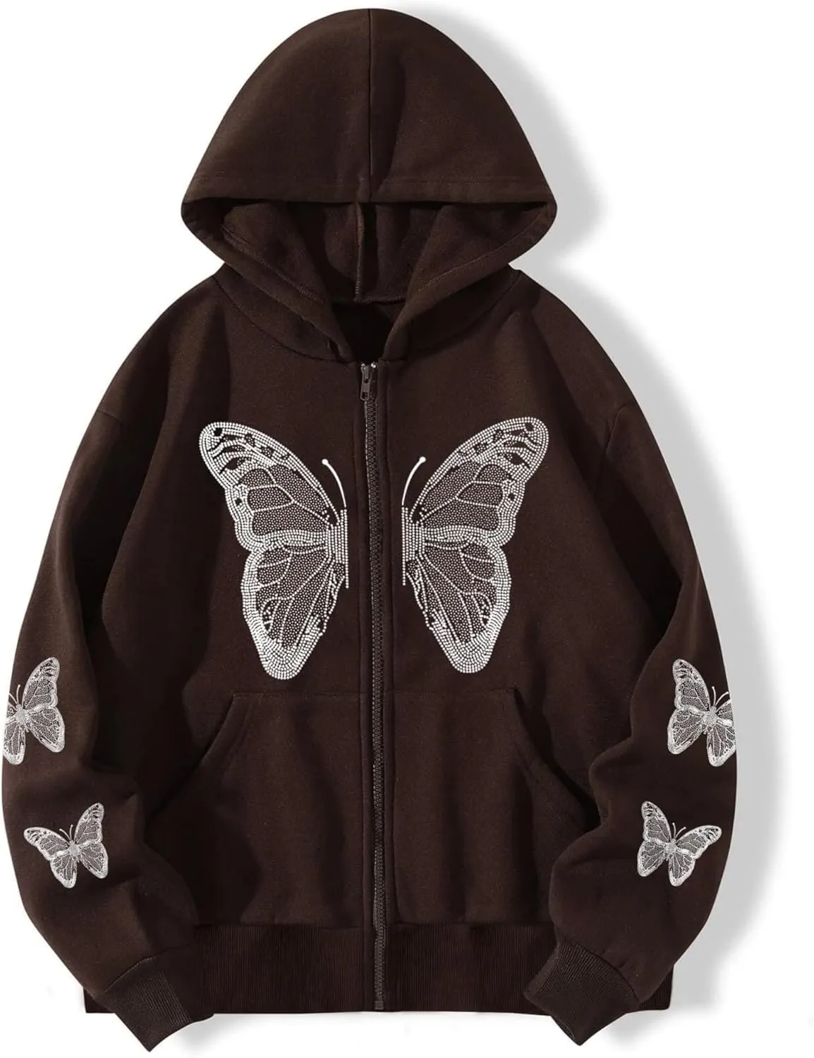 Aobiono Women Men Y2K Zip Up Oversized Hoodie Butterfly Skeleton Rhinestone Gothic Emo Grunge Alt Graphic Baggy Fleece Jacket