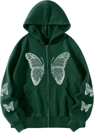 Aobiono Women Men Y2K Zip Up Oversized Hoodie Butterfly Skeleton Rhinestone Gothic Emo Grunge Alt Graphic Baggy Fleece Jacket