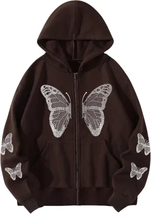 Aobiono Women Men Y2K Zip Up Oversized Hoodie Butterfly Skeleton Rhinestone Gothic Emo Grunge Alt Graphic Baggy Fleece Jacket