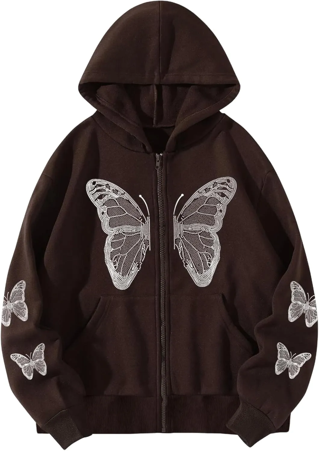 Aobiono Women Men Y2K Zip Up Oversized Hoodie Butterfly Skeleton Rhinestone Gothic Emo Grunge Alt Graphic Baggy Fleece Jacket