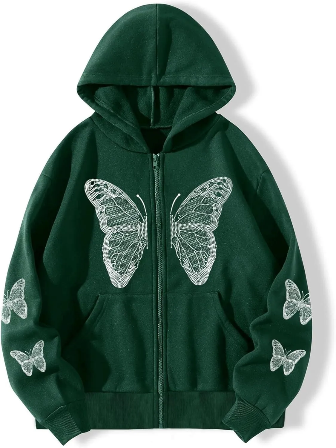 Aobiono Women Men Y2K Zip Up Oversized Hoodie Butterfly Skeleton Rhinestone Gothic Emo Grunge Alt Graphic Baggy Fleece Jacket