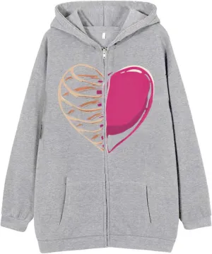 Aobiono Women Men Y2K Zip Up Oversized Hoodie Gothic Skeleton Heart Emo Grunge Alt Graphic Baggy Fleece Jacket Vintage 90s