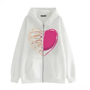 Aobiono Women Men Y2K Zip Up Oversized Hoodie Gothic Skeleton Heart Emo Grunge Alt Graphic Baggy Fleece Jacket Vintage 90s