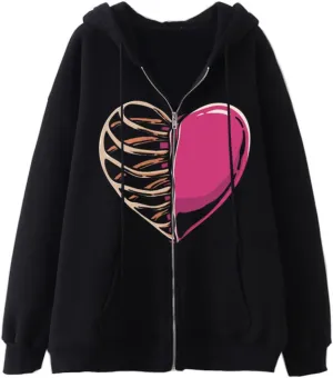 Aobiono Women Men Y2K Zip Up Oversized Hoodie Gothic Skeleton Heart Emo Grunge Alt Graphic Baggy Fleece Jacket Vintage 90s