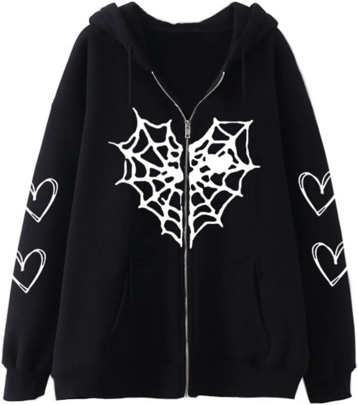 Aobiono Women Men Y2K Zip Up Oversized Hoodie Gothic Spider Web Heart Emo Grunge Jacket Alt Graphic Baggy Dark Academia 90s