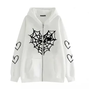 Aobiono Women Men Y2K Zip Up Oversized Hoodie Gothic Spider Web Heart Emo Grunge Jacket Alt Graphic Baggy Dark Academia 90s