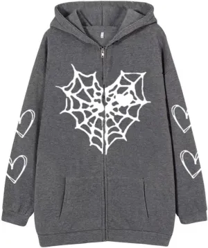 Aobiono Women Men Y2K Zip Up Oversized Hoodie Gothic Spider Web Heart Emo Grunge Jacket Alt Graphic Baggy Dark Academia 90s