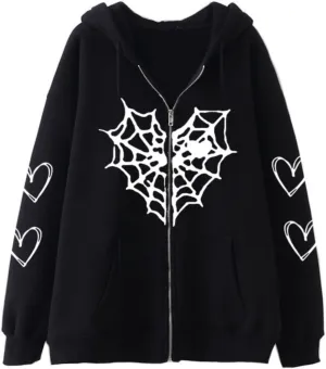 Aobiono Women Men Y2K Zip Up Oversized Hoodie Gothic Spider Web Heart Emo Grunge Jacket Alt Graphic Baggy Dark Academia 90s