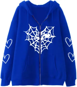 Aobiono Women Men Y2K Zip Up Oversized Hoodie Gothic Spider Web Heart Emo Grunge Jacket Alt Graphic Baggy Dark Academia 90s