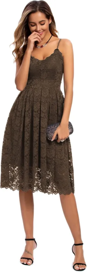 Atnlewhi Womens Spaghetti Strap V Neck Sleeveless A Line Lace Dresses for Evening Cocktail Formal Wedding Guest