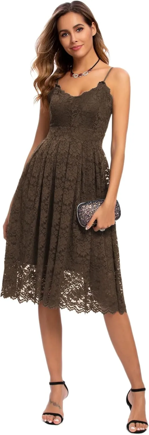 Atnlewhi Womens Spaghetti Strap V Neck Sleeveless A Line Lace Dresses for Evening Cocktail Formal Wedding Guest