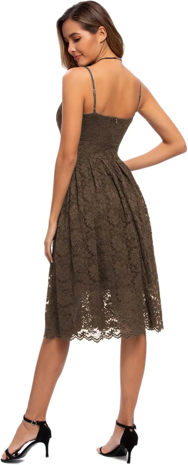 Atnlewhi Womens Spaghetti Strap V Neck Sleeveless A Line Lace Dresses for Evening Cocktail Formal Wedding Guest