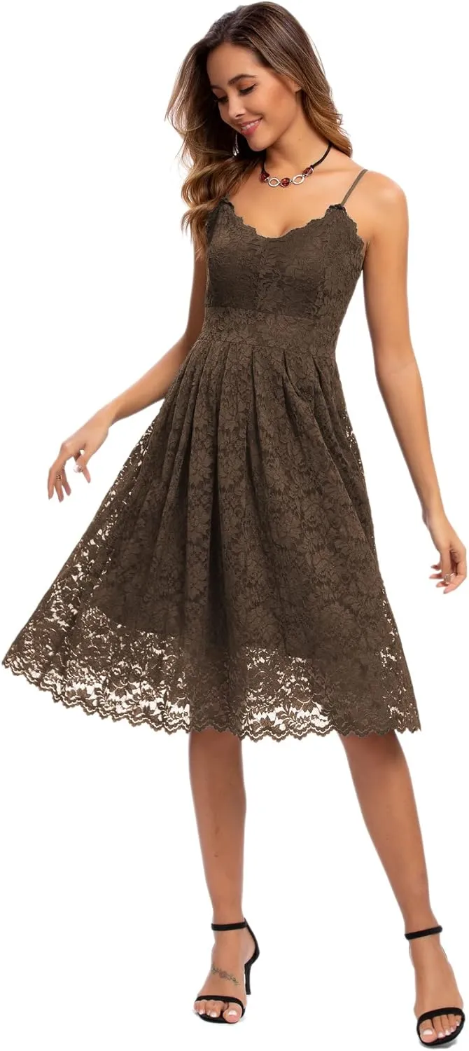 Atnlewhi Womens Spaghetti Strap V Neck Sleeveless A Line Lace Dresses for Evening Cocktail Formal Wedding Guest