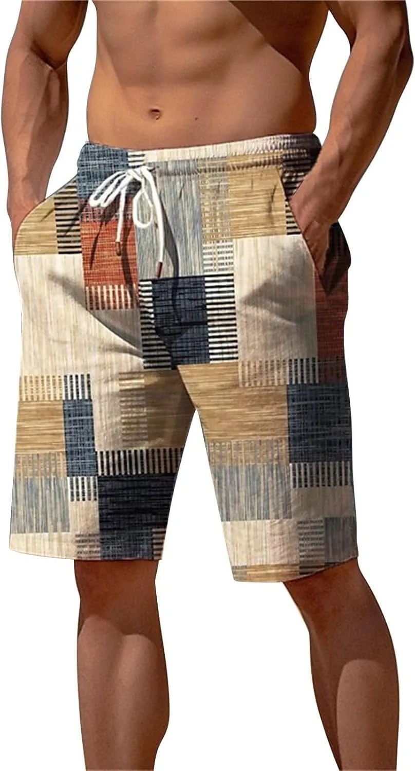Bermuda Shorts for Men Knee Length Plaid Casual Bottoms Lightweight Fashion Summer Beach Short Comfy Breathable Pant