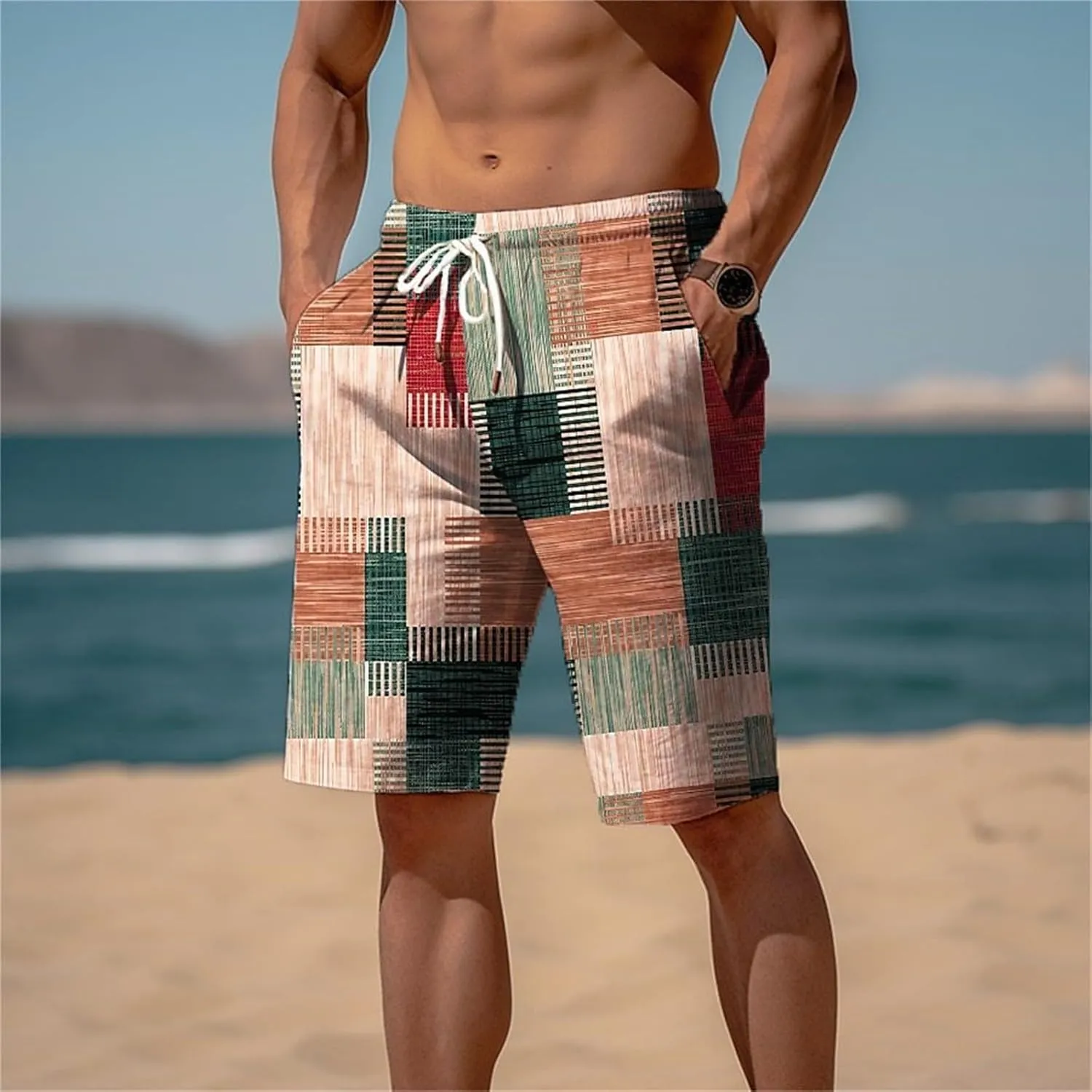 Bermuda Shorts for Men Knee Length Plaid Casual Bottoms Lightweight Fashion Summer Beach Short Comfy Breathable Pant