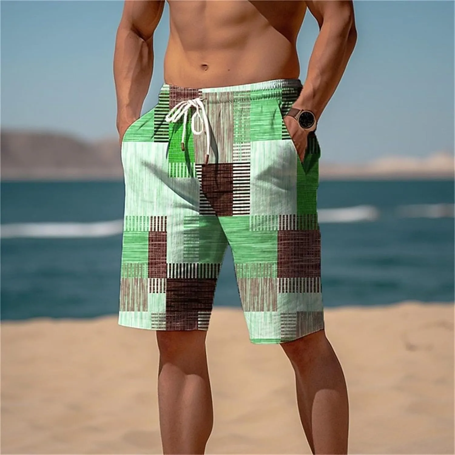 Bermuda Shorts for Men Knee Length Plaid Casual Bottoms Lightweight Fashion Summer Beach Short Comfy Breathable Pant