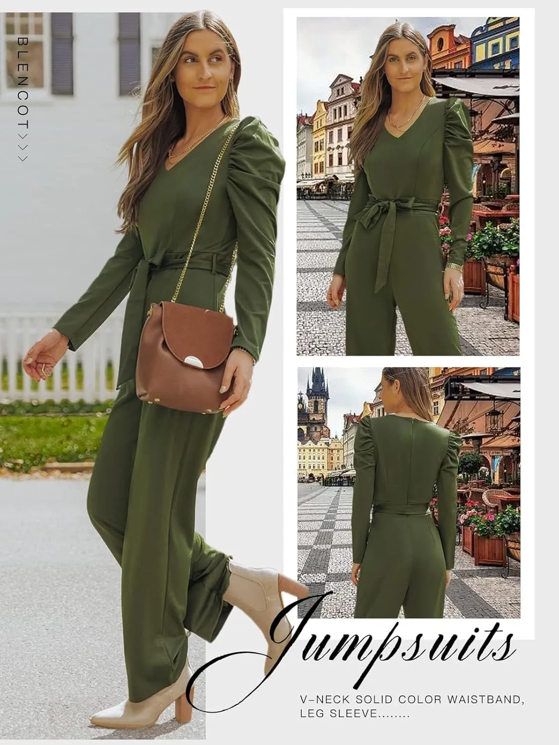 BLENCOT Jumpsuit Long Sleeve Casual V Neck Belted Wide Leg Formal Rompers Jumpsuit
