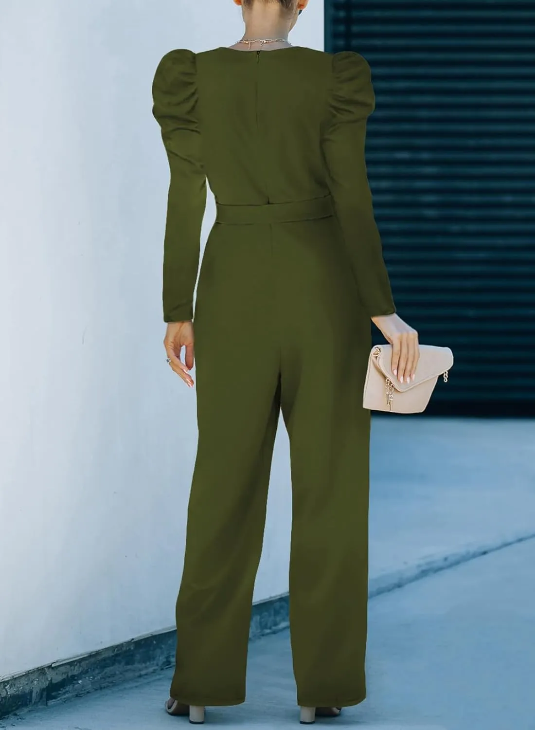 BLENCOT Jumpsuit Long Sleeve Casual V Neck Belted Wide Leg Formal Rompers Jumpsuit