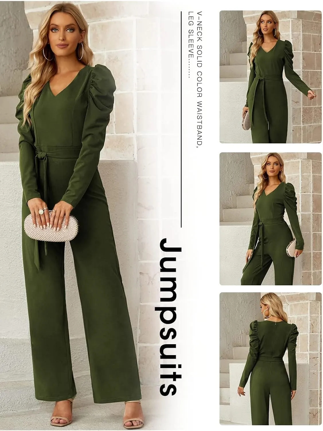BLENCOT Jumpsuit Long Sleeve Casual V Neck Belted Wide Leg Formal Rompers Jumpsuit