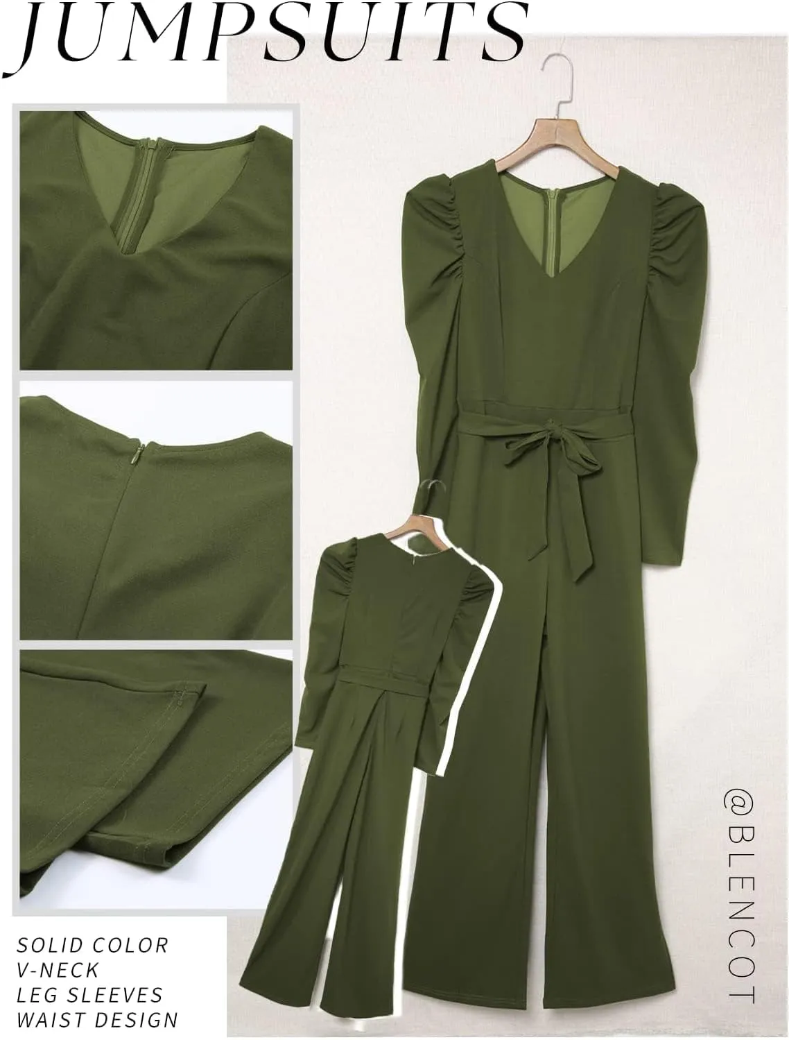 BLENCOT Jumpsuit Long Sleeve Casual V Neck Belted Wide Leg Formal Rompers Jumpsuit